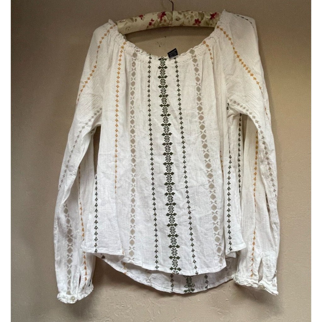 Karen Kane Womens Large Embroidered Off-Shoulder Top White Cotton Long Sleeve
